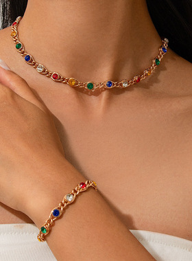 欧美跨境气质轻奢彩色水钻项链女