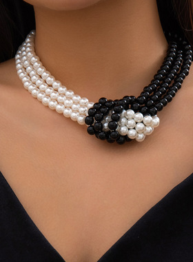 欧美风时尚复古拼接打结多层仿珍