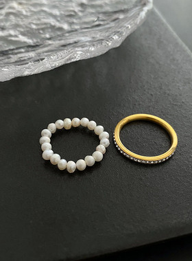 轻奢风潮冷淡风食指素圈珍珠两件套装戒指女钛钢设计时尚个性配饰