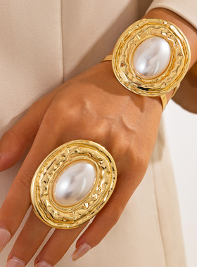 欧美跨境夸张液态金属椭圆宽手镯女 时尚ins风仿珍珠几何圆形手环