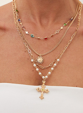 欧美风嘻哈金属十字架太阳吊坠仿