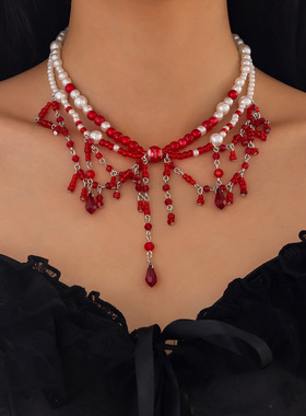 欧美跨境哥特蝙蝠染血流苏锁骨多