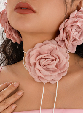 欧美跨境夸张立体玫瑰花朵项链ch