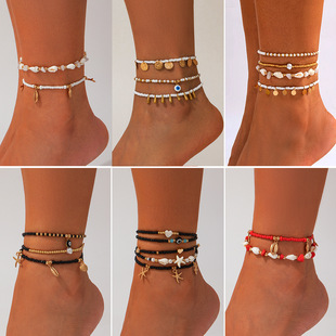 欧美跨境民族海洋风米珠套装anklet脚饰品 沙滩圆片水滴流苏脚链