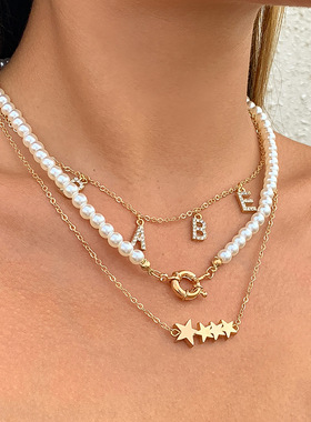 欧美跨境饰品复古混搭仿珍珠链条