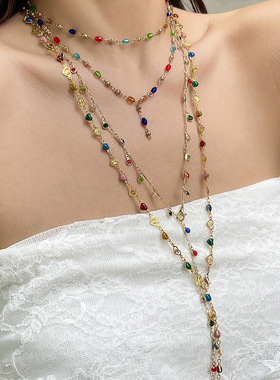 欧美跨境时尚ins彩色滴油吊坠叠戴长项链 冷淡风金属链条水钻项饰