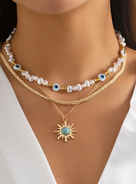 欧美跨境饰品 民族风太阳花松石吊坠项链 复古仿珍珠眼睛串珠项饰