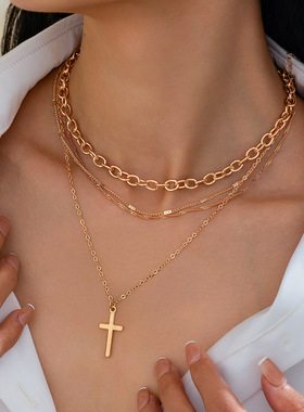欧美跨境简约金属十字架吊坠项链