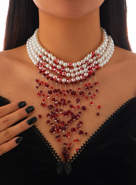 欧美跨境哥特风滴血仿珍珠项链choker创意万圣节水晶流苏锁骨项饰