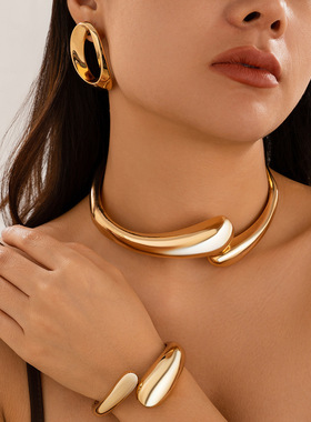 欧美跨境金属质感光面弹簧开口项圈choker个性几何朋克水滴项链女