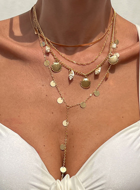 欧美跨境海洋度假风扇贝壳海螺项链 时尚ins亮片链条叠戴锁骨项饰