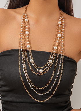 欧美跨境气质仿珍珠串珠长款项链