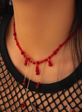 欧美跨境饰品 万圣节滴血水晶流苏项链 哥特风红色串珠锁骨颈链女