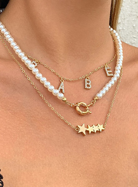 欧美跨境复古叠戴仿珍珠链条项链