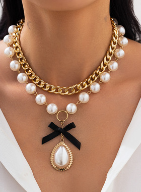 欧美跨境甜酷水滴形仿珍珠蝴蝶结