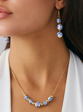 复古中国风青花陶瓷串珠项链套装