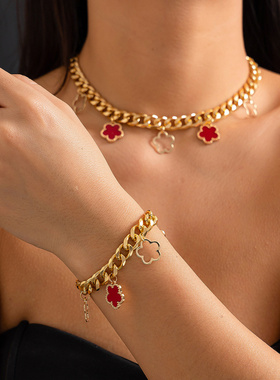 欧美跨境时尚彩色五叶草吊坠项链