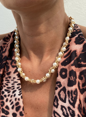 欧美跨境时尚设计感仿珍珠链条缠