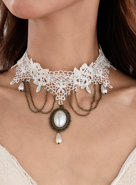 欧美跨境复古仿珍珠宝石吊坠蕾丝
