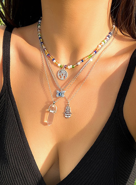 欧美跨境个性叠戴蝴蝶佛手吊坠项