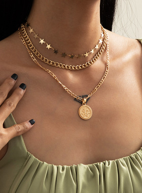 欧美跨境饰品夸张五角星形链条项