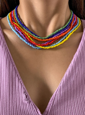 欧美跨境复古彩虹色米珠项链套装