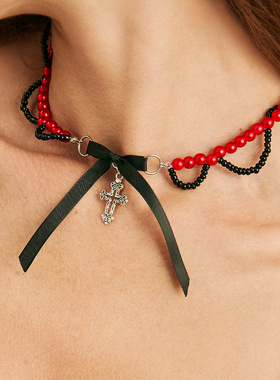 欧美风辣妹丝带蝴蝶结十字架项链