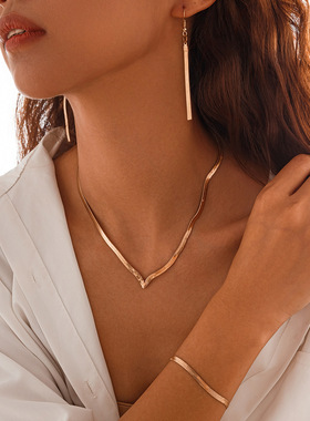 欧美跨境饰品嘻哈风扁蛇骨链条项链 复古简约几何V形项饰earrings