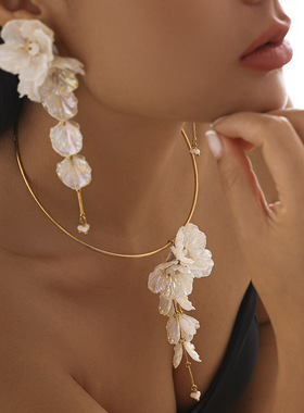 欧美跨境彩色人鱼姬扇贝花朵项圈度假风立体花卉锁骨项链earrings