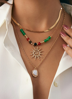 欧美跨境个性玛瑙石串珠太阳吊坠
