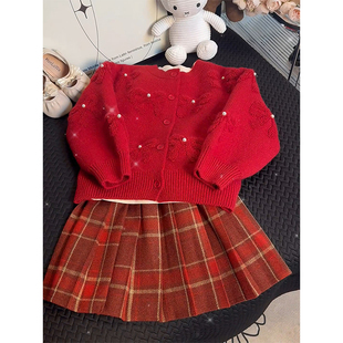喜庆红色毛衣格子百褶裙新年装 女童冬装 拜年服三件套2025儿童新款