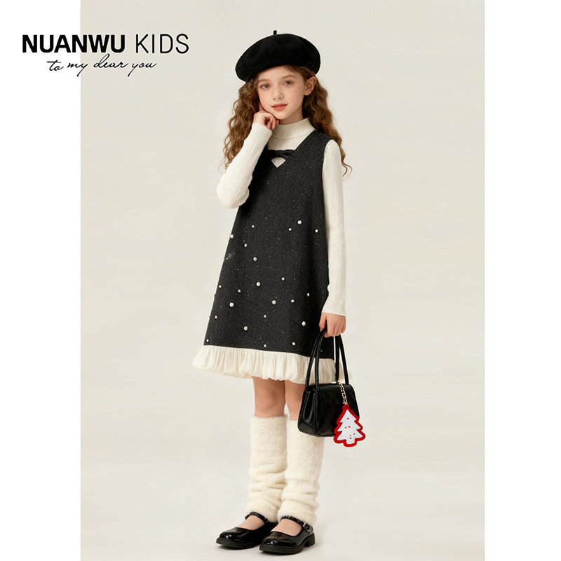 女童冬装2025新款高领洋气灰色打底毛衣钉珠拼接设计感套装连衣裙