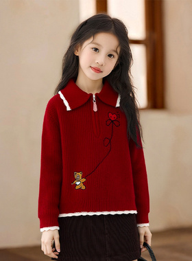 女童韩版毛衣2025冬季新款保暖polo领红色新年可爱印花加厚上衣潮