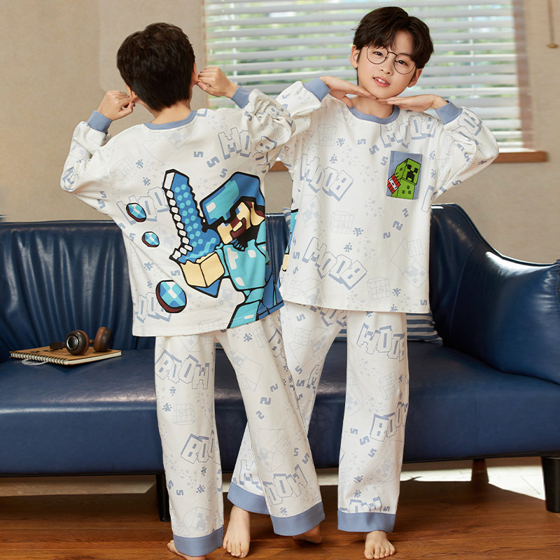 2026新款男童睡衣春秋纯棉长袖儿童男孩春季青少年大童家居服套装