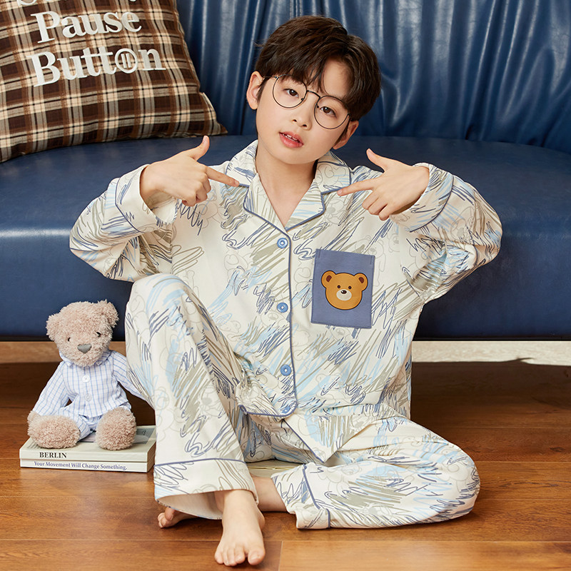 2026新款男童睡衣春秋季纯棉长袖全棉卡通大童宝宝儿童家居服套装
