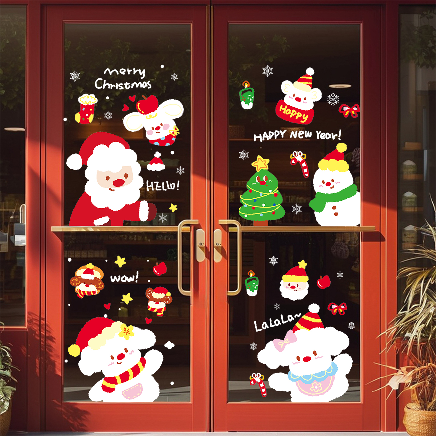 圣诞节装饰圣诞老人树雪静电贴纸