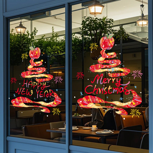 苹果圣诞树门贴店铺橱窗静电玻璃