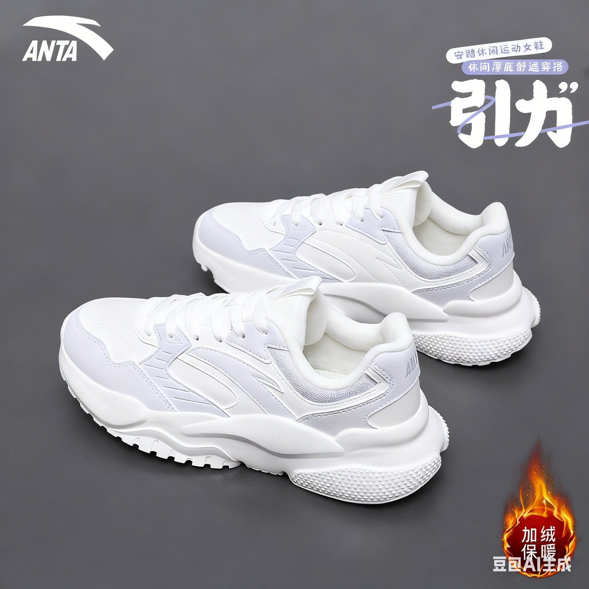 安踏引力女鞋跑步鞋官方旗舰加绒保暖老爹鞋皮面防水冬季运动鞋女