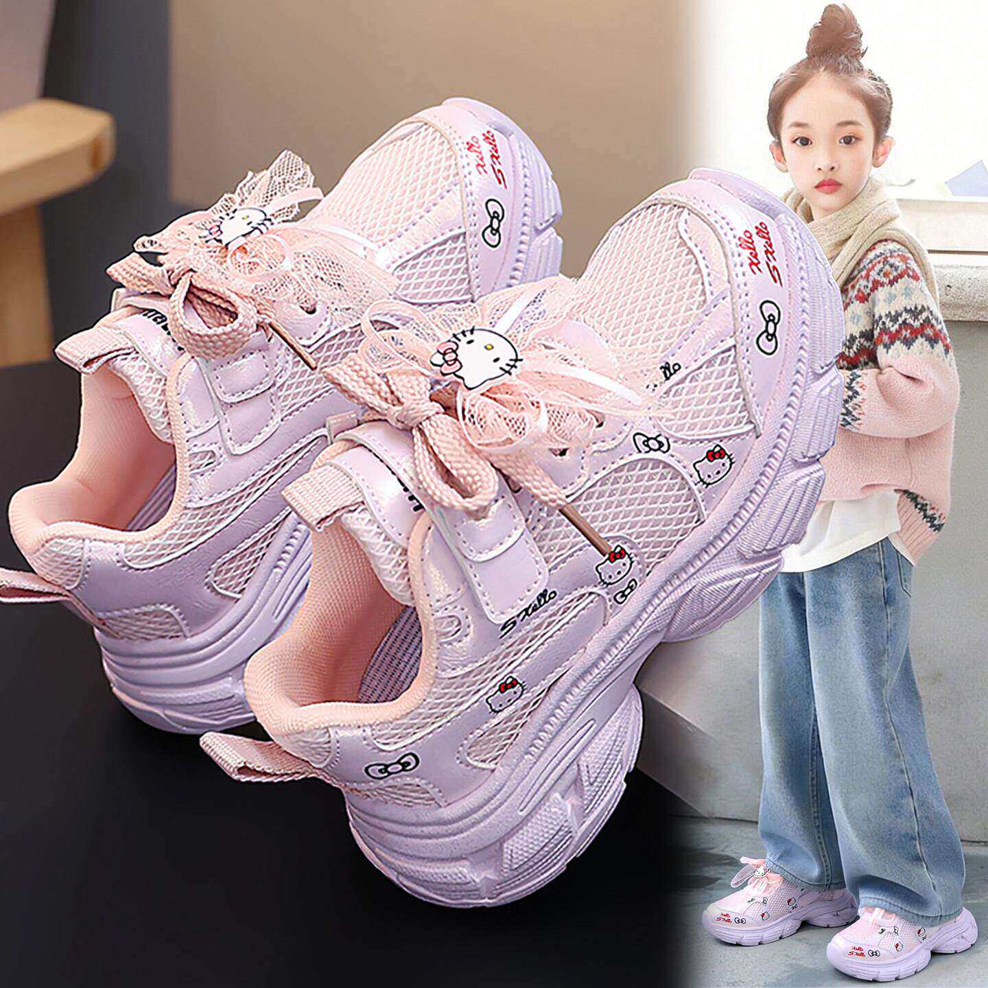 凯蒂猫女童鞋子春夏网面鞋2026新款儿童软底公主运动鞋女孩老爹鞋