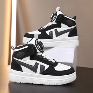 儿童鞋子男孩运动鞋2023春秋款男童休闲板鞋旋钮扣中大童街舞高帮