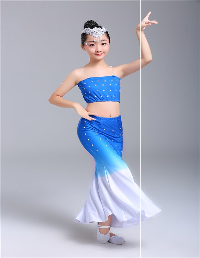 鸿海o新款傣族儿童服装女童孔雀舞蹈服弹力渐变包臀鱼尾裙少儿民