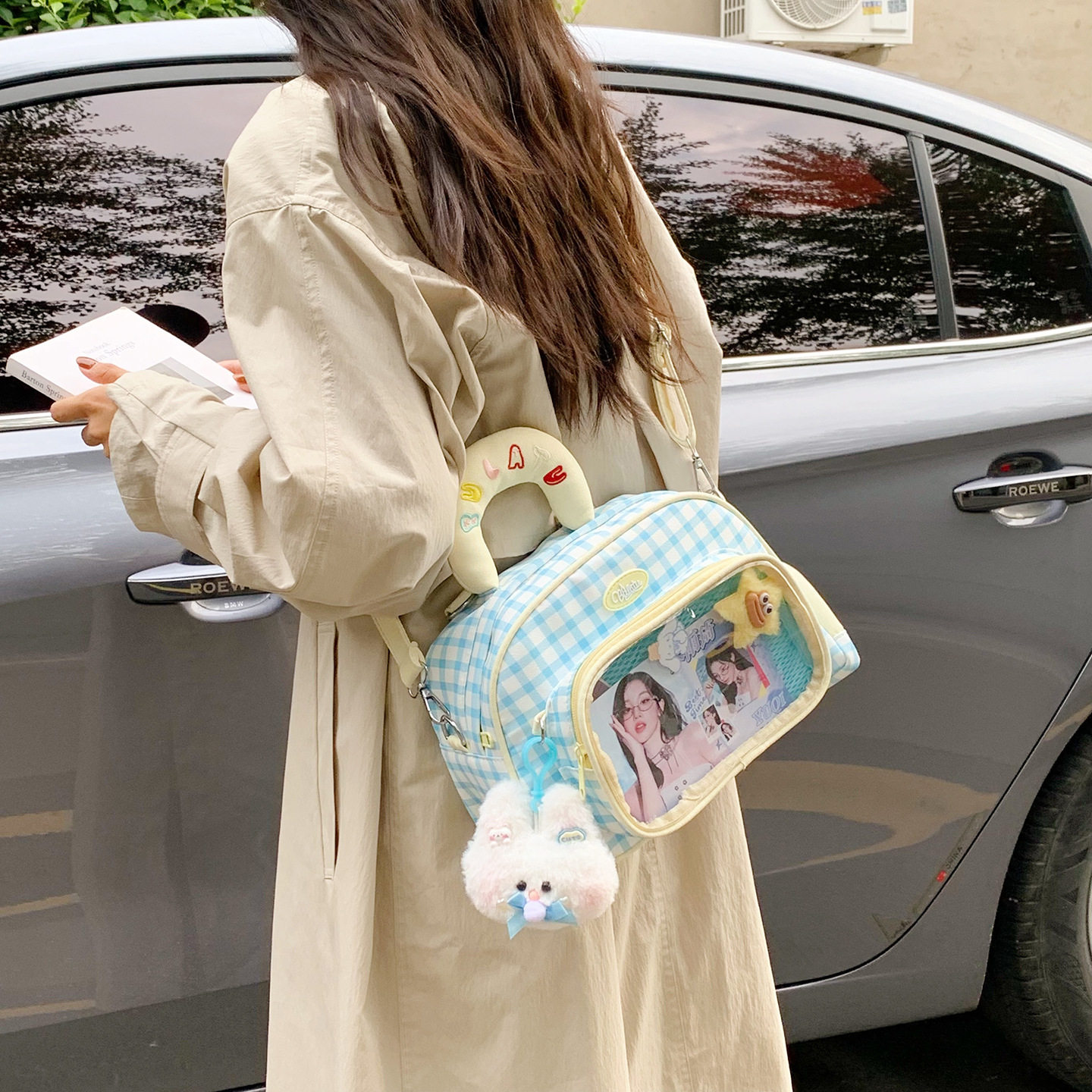 学院风少女手提包多用双肩单肩斜挎包软妹学生格子痛包jk透明女包