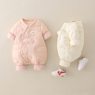 新生婴儿冬季羽绒连体衣超萌男女宝宝轻薄羽绒服白鸭绒保暖外出服