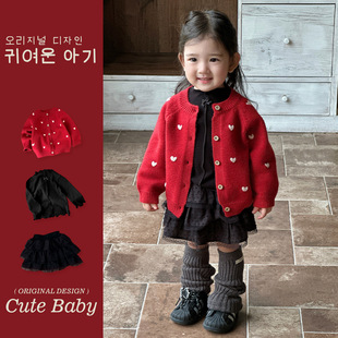 2025秋冬韩版女幼童红色针织毛衣外套长袖打底衫蛋糕裙洋气三件套