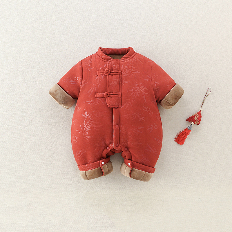 男女宝宝拜年服秋冬季棉服婴儿过年红色喜庆衣服中式新年服连体衣