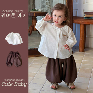 男童春季纯棉白色衬衫上衣儿童束脚长裤男孩百搭灯笼裤男宝宝童装