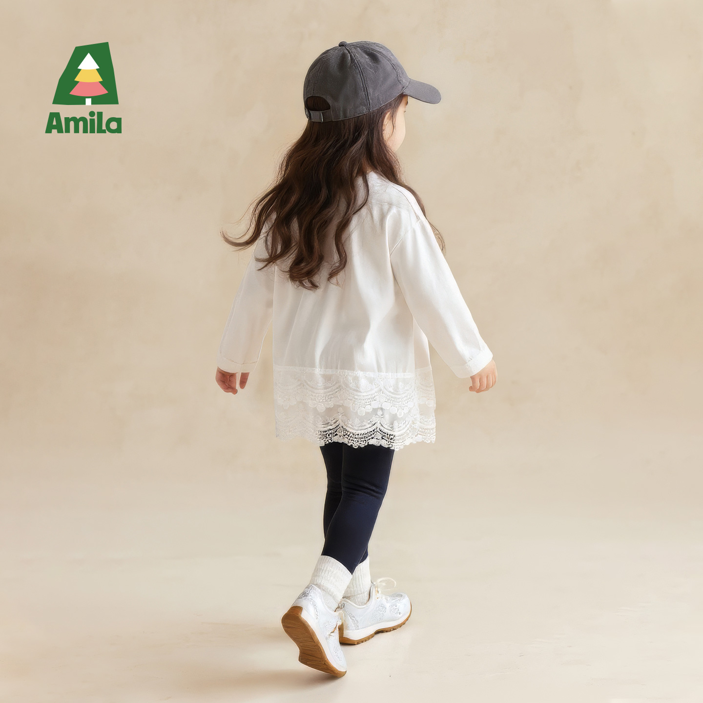 Amila童装女童白色打底宝宝花边上衣儿童休闲百搭长袖T恤2025秋新