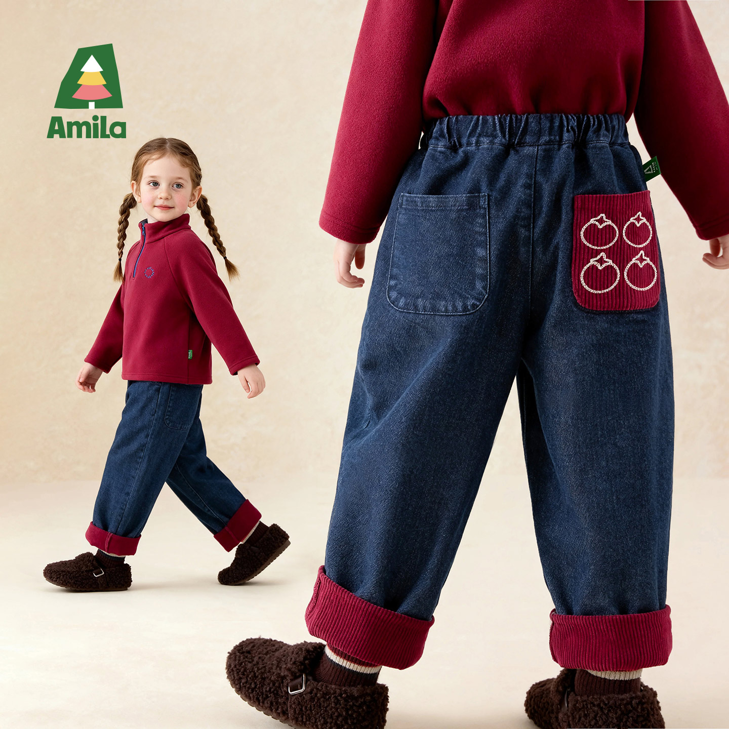 Amila女童加绒加厚冬季牛仔裤子