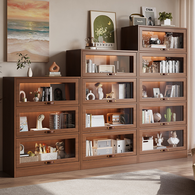 实木书柜玻璃门置物架儿童客厅落地多层防尘翻门收纳柜储物柜书架