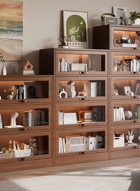 实木书柜玻璃门置物架儿童客厅落地多层防尘翻门收纳柜储物柜书架